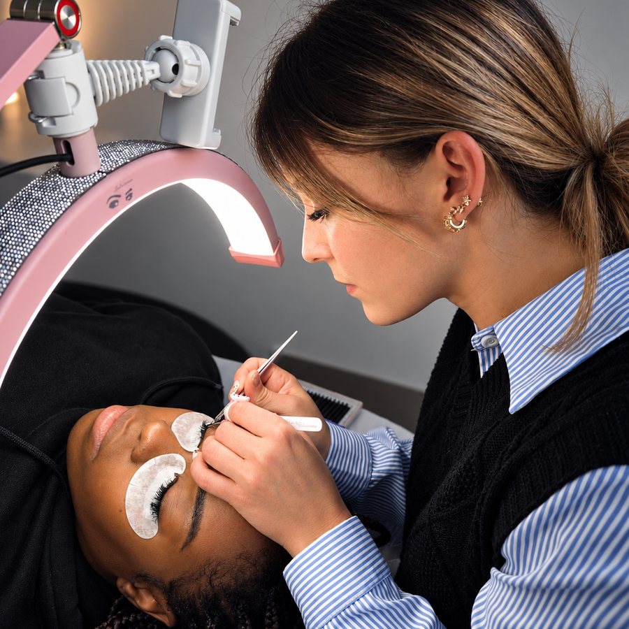 Marine pose des extensions de cils sur une cliente, sous la lampe de la cabine